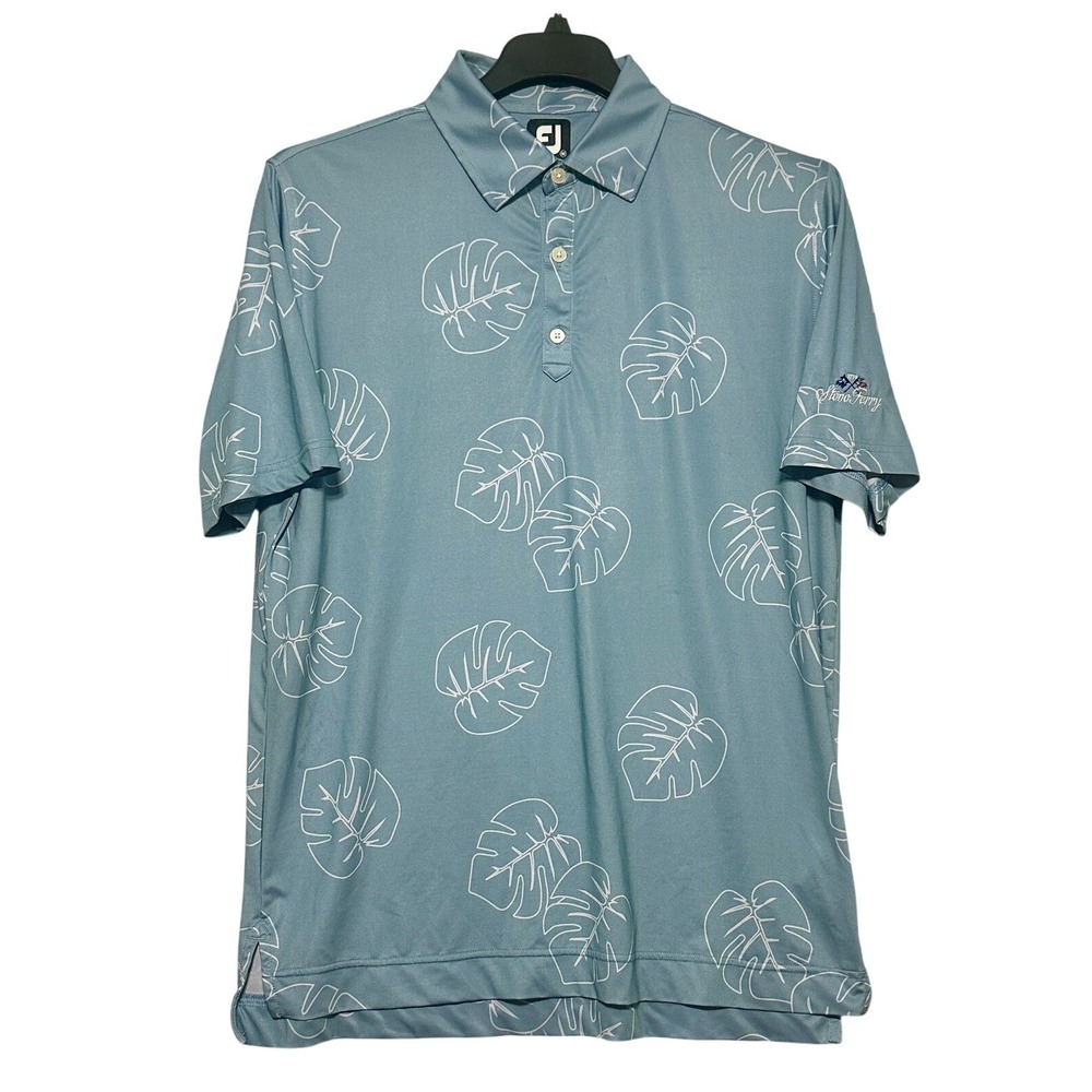 FootJoy Polo Shirt‎ Mens Medium Blue Monstera Leaf Print Regular Fit Modern Era